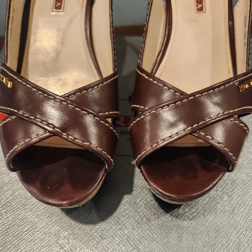 Prada Womens Brown Wedge Sandals, Size 35 - Picture 2 of 14
